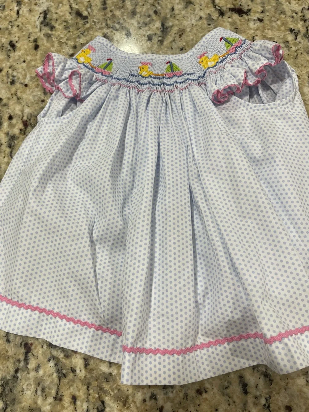 Baby Girls White Dot Smocked Dress with Pink Trim and Matching Diaper Cover